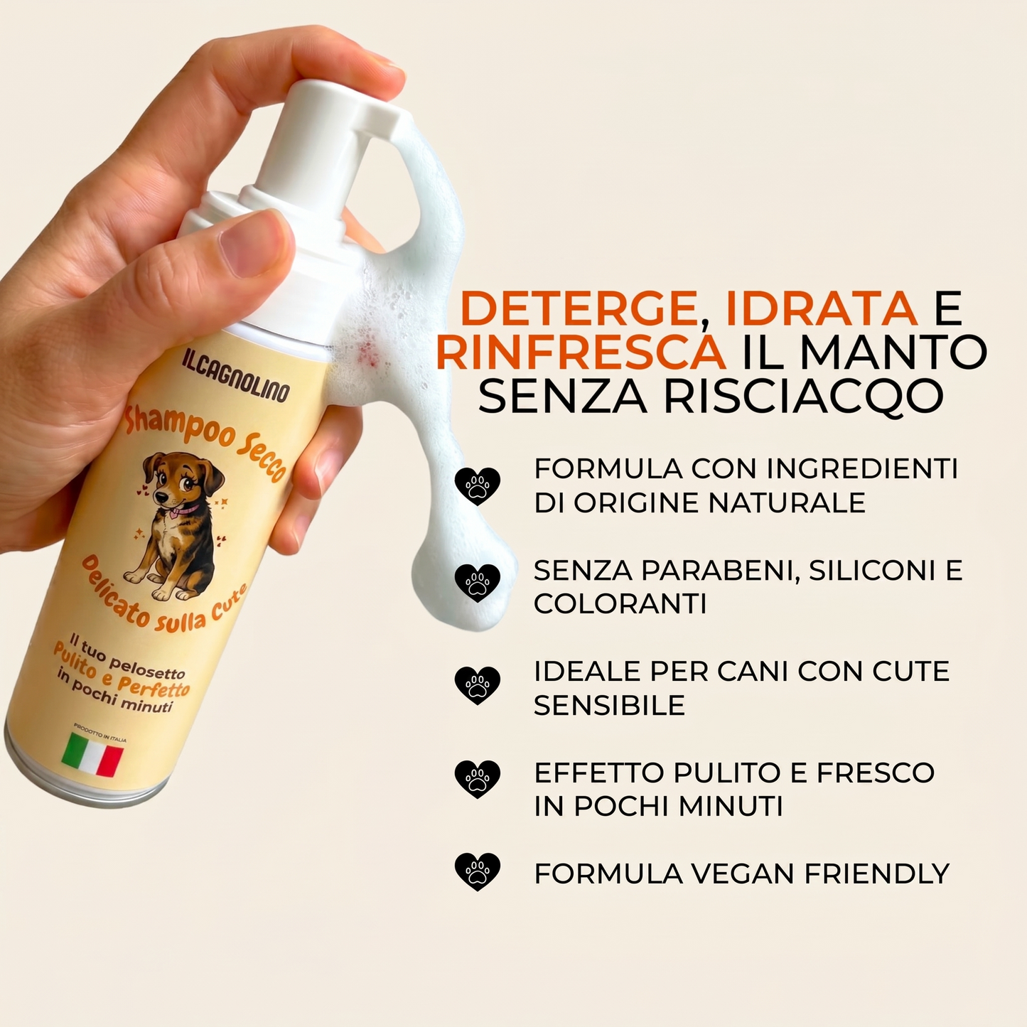 Shampoo Secco in Mousse per Cani – Formula Delicata a Base di Ingredienti Naturali